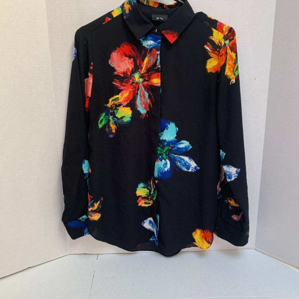 Mossimo Womens Size Small Black with Bright FLoral Print Poly Blend Blouse